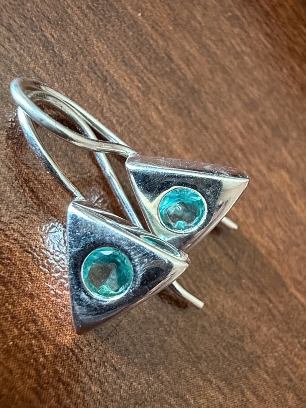 New 925 sterling silver contemporary triangle earrings, blue topaz (?)